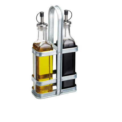 KITCHENCRAFT INDUSTRIAL KITCHEN VINTAGE-STYLE CRUET SET WITH GALVANISED STEEL BOTTLE STAND, 13 X 7 X 28 CM (5" X 2.5" X 11")