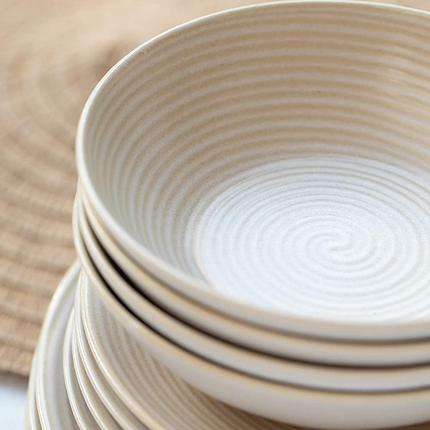 MIKASA SWIRL 12 PIECE DINNER SET WITH EMBOSSED SWIRL FINISH, PORTUGUESE STONEWARE, OFF WHITE DINNERWARE SERVICE FOR 4