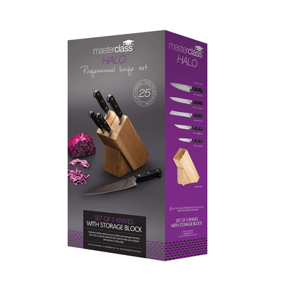 KITCHENCRAFT MCKNB25 MASTERCLASS HALO CARBON STEEL KNIFE SET AND KNIFE BLOCK, 5-PIECE, SILVER/BROWN
