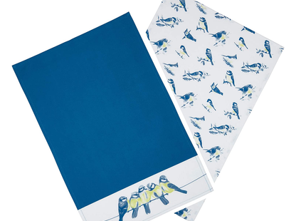 KITCHENCRAFT TEA TOWELS SET, 'BLUE BIRDS' DESIGN, 100% COTTON, WHITE / BLUE, 70 X 47 CM, 2 PIECES