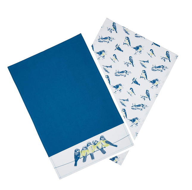KITCHENCRAFT TEA TOWELS SET, 'BLUE BIRDS' DESIGN, 100% COTTON, WHITE / BLUE, 70 X 47 CM, 2 PIECES