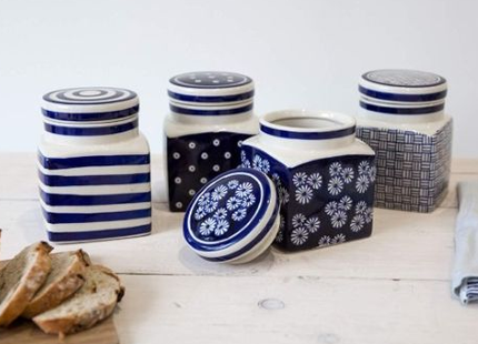 LONDON POTTERY CERAMIC STORAGE CANISTERS JAR CADDIES IN 3 BLUE & WHITE DESIGNS CREATIVE TOPS