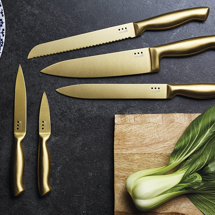 KITCHENCRAFT MASTERCLASS BRASS-COLOURED STAINLESS STEEL KNIFE SET AND KNIFE BLOCK, BRASS/BLACK, 5-PIECE