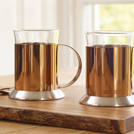 LA CAFETIERE SET OF 2 COPPER-FINISH GLASS CUPS, 200ML (7 FL OZ)