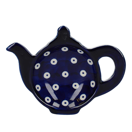 LONDON POTTERY OUT OF THE BLUE TEA BAG DISH, STONEWARE, CIRCLES PATTERNED TEAPOT DESIGN, NAVY BLUE, 14.5 X 11 CM