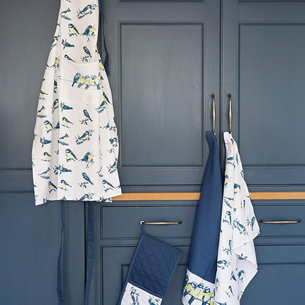 KITCHENCRAFT DOUBLE OVEN GLOVES, BLUE BIRDS PRINTED PATTERN, 100% COTTON, WHITE / BLUE, 87 X 18 CM