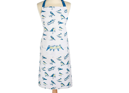 KITCHENCRAFT 'BLUE BIRDS' COOKING APRON - 100% COTTON KITCHEN APRON WITH ADJUSTABLE STRAPS, WHITE / BLUE, ONE SIZE FITS ALL