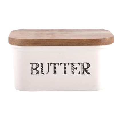 CREATIVE TOPS"BAKE STIR IT UP" STONEWARE BUTTER DISH WITH ACACIA WOOD LID, WHITE, LARGE