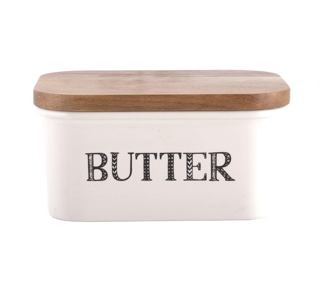 CREATIVE TOPS"BAKE STIR IT UP" STONEWARE BUTTER DISH WITH ACACIA WOOD LID, WHITE, LARGE