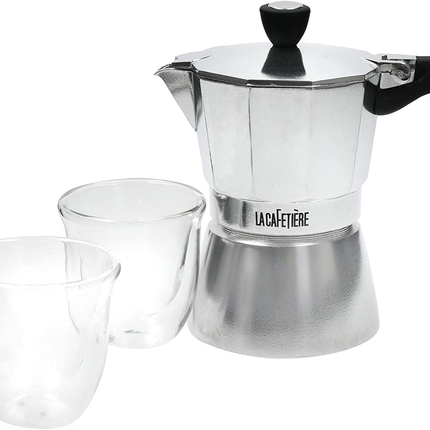 LA CAFETIèRE COFFEE GIFT SET WITH MINI STOVETOP ESPRESSO MAKER & 2 DOUBLE WALL ESPRESSO GLASSES, ALUMINIUM / BOROSILICATE GLASS, 3 PIECES IN BOX