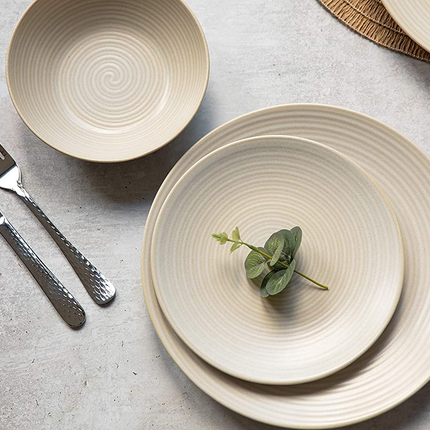 MIKASA SWIRL 12 PIECE DINNER SET WITH EMBOSSED SWIRL FINISH, PORTUGUESE STONEWARE, OFF WHITE DINNERWARE SERVICE FOR 4