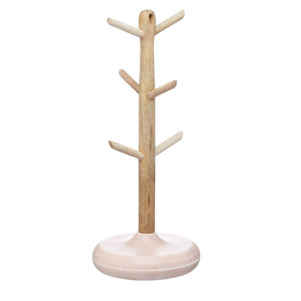 KITCHENCRAFT SERENITY WOODEN MUG TREE, MANGO WOOD/MARBLE, BROWN/PINK, 15 X 36 CM