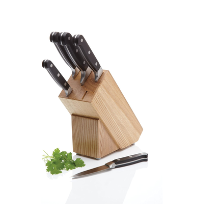 KITCHENCRAFT MCKNB25 MASTERCLASS HALO CARBON STEEL KNIFE SET AND KNIFE BLOCK, 5-PIECE, SILVER/BROWN