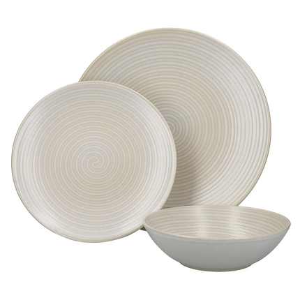 MIKASA SWIRL 12 PIECE DINNER SET WITH EMBOSSED SWIRL FINISH, PORTUGUESE STONEWARE, OFF WHITE DINNERWARE SERVICE FOR 4