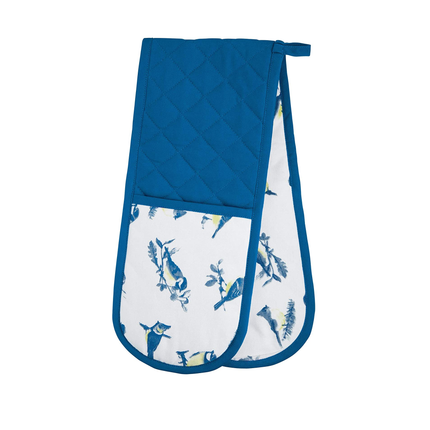 KITCHENCRAFT DOUBLE OVEN GLOVES, BLUE BIRDS PRINTED PATTERN, 100% COTTON, WHITE / BLUE, 87 X 18 CM