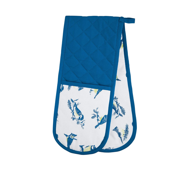 KITCHENCRAFT DOUBLE OVEN GLOVES, BLUE BIRDS PRINTED PATTERN, 100% COTTON, WHITE / BLUE, 87 X 18 CM