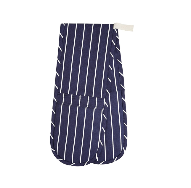 KITCHENCRAFT DOUBLE OVEN GLOVES WITH 'BUTCHER'S STRIPE' DESIGN, COTTON/POLYESTER, NAVY BLUE/WHITE, 87 X 18.5 CM