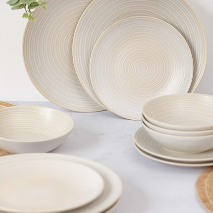 MIKASA SWIRL 12 PIECE DINNER SET WITH EMBOSSED SWIRL FINISH, PORTUGUESE STONEWARE, OFF WHITE DINNERWARE SERVICE FOR 4