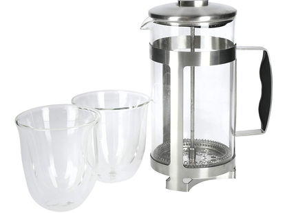 LA CAFETIèRE COFFEE GIFT SET WITH 8 CUP CAFETIERE & DOUBLE WALLED COFFEE GLASSES, STAINLESS STEEL / BOROSILICATE GLASS, 3 PIECES IN BOX