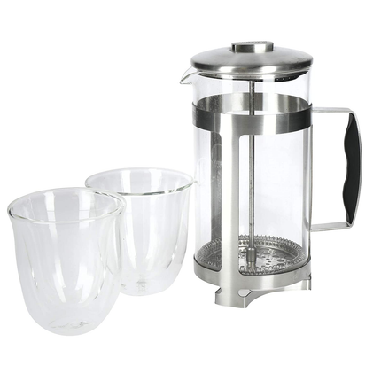 LA CAFETIèRE COFFEE GIFT SET WITH 8 CUP CAFETIERE & DOUBLE WALLED COFFEE GLASSES, STAINLESS STEEL / BOROSILICATE GLASS, 3 PIECES IN BOX