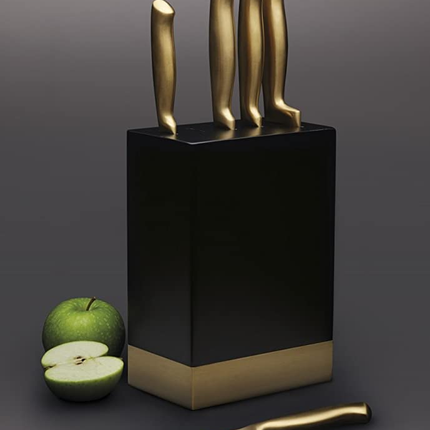 KITCHENCRAFT MASTERCLASS BRASS-COLOURED STAINLESS STEEL KNIFE SET AND KNIFE BLOCK, BRASS/BLACK, 5-PIECE