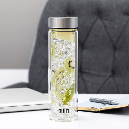 BUILT TIEMPO INSULATED GLASS WATER BOTTLE, BPA FREE BOROSILICATE GLASS / STAINLESS STEEL FLASK, SILVER, 450ML