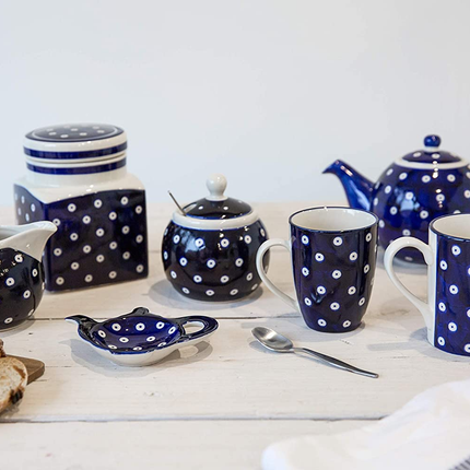 LONDON POTTERY OUT OF THE BLUE TEA BAG DISH, STONEWARE, CIRCLES PATTERNED TEAPOT DESIGN, NAVY BLUE, 14.5 X 11 CM