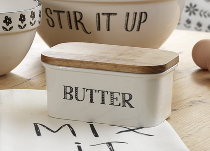 CREATIVE TOPS"BAKE STIR IT UP" STONEWARE BUTTER DISH WITH ACACIA WOOD LID, WHITE, LARGE