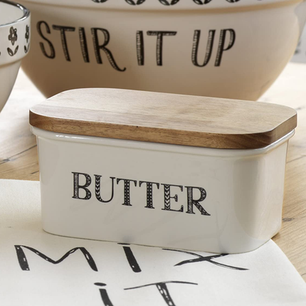 CREATIVE TOPS"BAKE STIR IT UP" STONEWARE BUTTER DISH WITH ACACIA WOOD LID, WHITE, LARGE