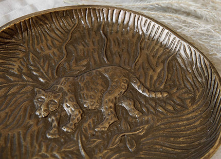 Artesà Oval Serving Platter, Rustic Embossed Metal Plate with Leopard Design, 24 x 21cm