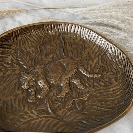 Artesà Oval Serving Platter, Rustic Embossed Metal Plate with Leopard Design, 24 x 21cm