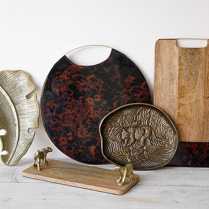 Artesà Oval Serving Platter, Rustic Embossed Metal Plate with Leopard Design, 24 x 21cm