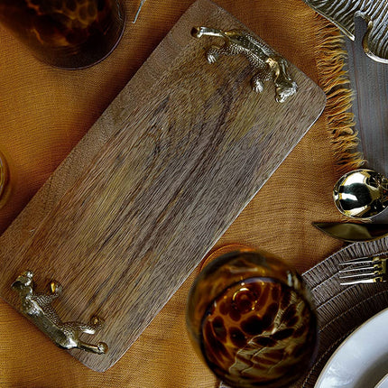 Artesà Rectangular Serving Platter, Mango Wood Board with Leopard Shaped Handles, 32 x 15cm