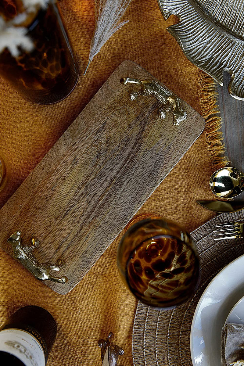 Artesà Rectangular Serving Platter, Mango Wood Board with Leopard Shaped Handles, 32 x 15cm