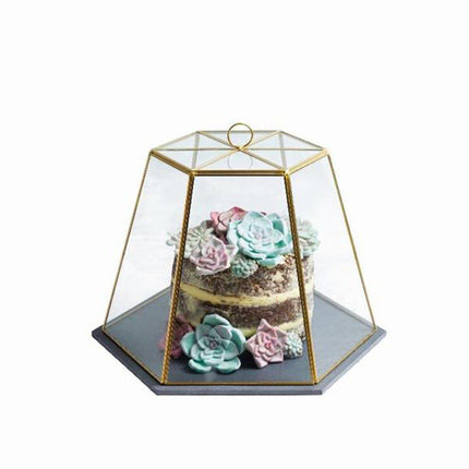 ARTESà GEOMETRIC GLASS CHEESE / CAKE DOME WITH SLATE SERVING BOARD, 31 X 27.5 X 25 CM (12" X 11" X 10") - BRASS EFFECT