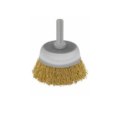 CORRUGATED WIRE CUP BRUSH IN BRASS-PLATED STEEL WITH 6 MM SHANK