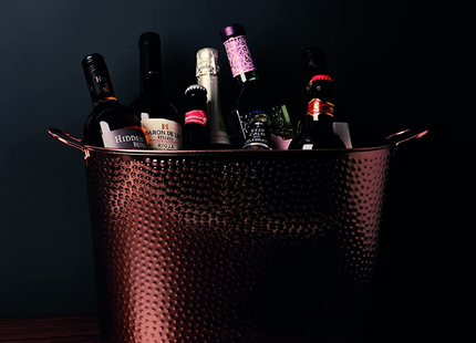 BarCraft Large Copper Champagne Bucket, Ice Bucket for Champagne, Wine, Beer, Hammered Steel, 50 x 32.5 x 29cm