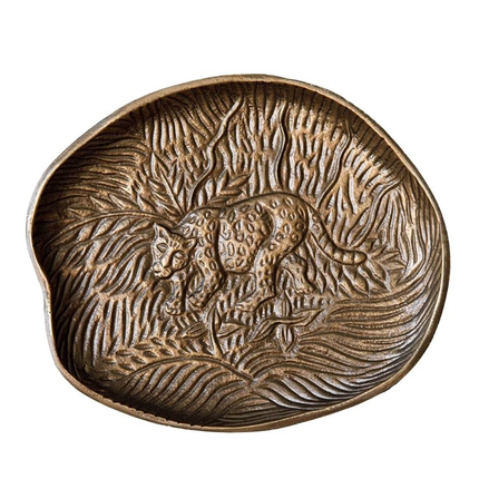 Artesà Oval Serving Platter, Rustic Embossed Metal Plate with Leopard Design, 24 x 21cm