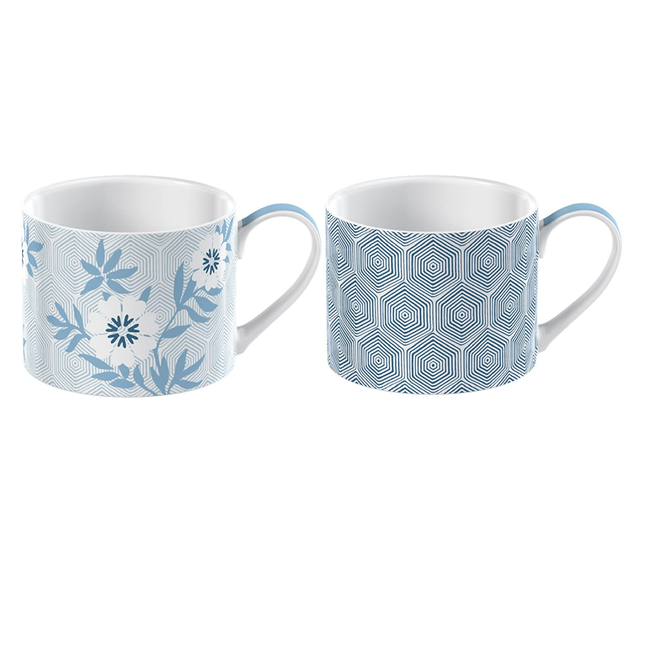 V&A 5227091 'Matley' Fine China Espresso Cups with Printed Decorative Floral Pattern, 150 ml - White / Blue (Set of 2)