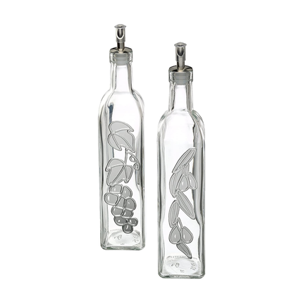 KitchenCraft World of Flavours Decorated Glass Oil and Vinegar Bottles, 500 ml & Stainless Steel Mini Kitchen/Hip Flask Funnel, 5.5 cm (2")