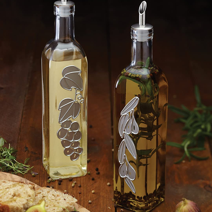 KitchenCraft World of Flavours Decorated Glass Oil and Vinegar Bottles, 500 ml & Stainless Steel Mini Kitchen/Hip Flask Funnel, 5.5 cm (2")