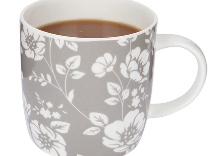 KitchenCraft China 'Grey Floral' Flower-Patterned Barrel Mugs, Tea or Coffee Cups, Microwave & Dishwasher Safe, 425 ml - Grey / White