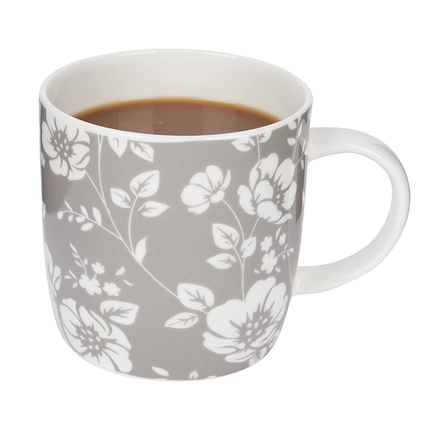 KitchenCraft China 'Grey Floral' Flower-Patterned Barrel Mugs, Tea or Coffee Cups, Microwave & Dishwasher Safe, 425 ml - Grey / White