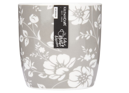 KitchenCraft China 'Grey Floral' Flower-Patterned Barrel Mugs, Tea or Coffee Cups, Microwave & Dishwasher Safe, 425 ml - Grey / White