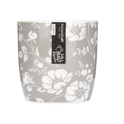 KitchenCraft China 'Grey Floral' Flower-Patterned Barrel Mugs, Tea or Coffee Cups, Microwave & Dishwasher Safe, 425 ml - Grey / White