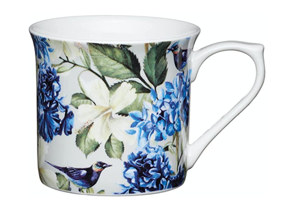 KitchenCraft China 'Blue Bird' Fluted Floral-Printed Mugs, Tea or Coffee Cups, Microwave & Dishwasher Safe, 300 ml
