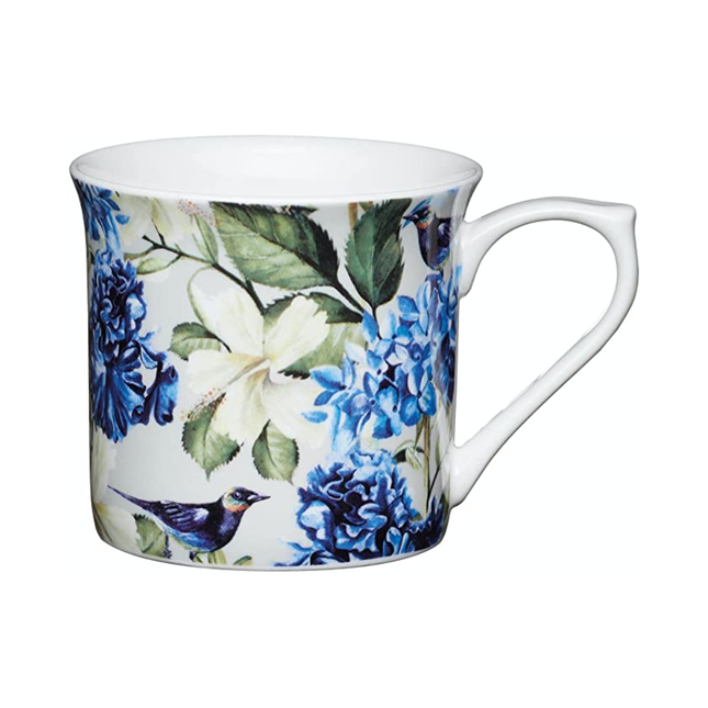 KitchenCraft China 'Blue Bird' Fluted Floral-Printed Mugs, Tea or Coffee Cups, Microwave & Dishwasher Safe, 300 ml
