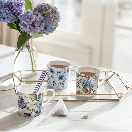 KitchenCraft China 'Blue Bird' Fluted Floral-Printed Mugs, Tea or Coffee Cups, Microwave & Dishwasher Safe, 300 ml