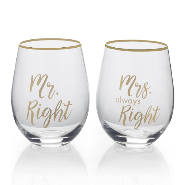 Mikasa 5216704 'Celebrations' Stemless Wine Glasses with Decorative Mr Right and Mrs Always Right Prints, 468 ml - Clear/Gold (Set of 2)