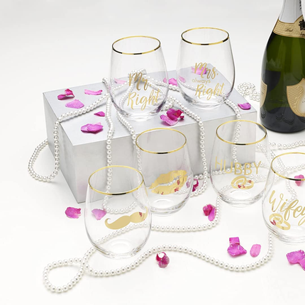 Mikasa 5216704 'Celebrations' Stemless Wine Glasses with Decorative Mr Right and Mrs Always Right Prints, 468 ml - Clear/Gold (Set of 2)